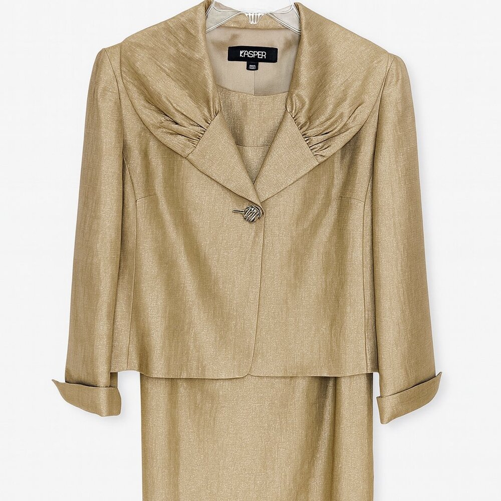 Champagne Gold Shimmer 2-Piece Skirt Suit | Elegant Jacket & Dress Set | Formal - Picture 4 of 12